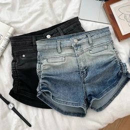 Shorts femininos plissados gradiente versão coreana mulheres cintura alta larga perna jeans doce uma linha bolso gota