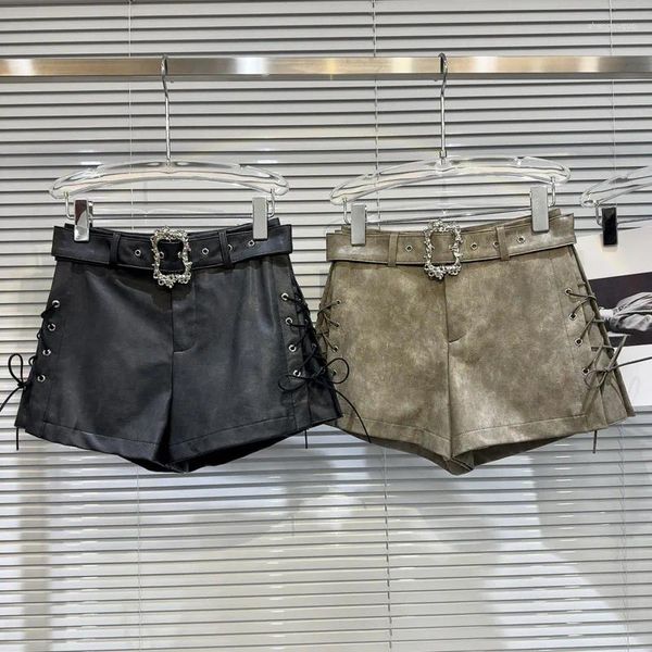 Pantalones cortos para mujer PREPOMP 2023 Colección de otoño Diseño de vendaje lateral Cinturón Tie Dye Cuero sintético Mujeres GM100