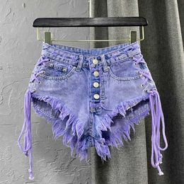 Dames shorts prepomp Purple Short Jean High Taille Losse veter Up DrawSting Sexy streetwear denim vrouwelijke mode GB996 230220