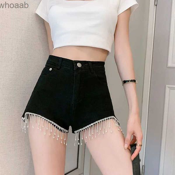 Shorts pour femmes Style Punk Denim Shorts femmes coréen taille haute gland ongles perles noir jambe large pantalon femme 2023 été grande taille 3Xl Shorts YQ240108