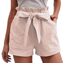 Shorts pour femmes pur confortable à lacets à volants taille élastique femmes coton et lin jambe large maison pyjamas courts ensemble vêtements d'été