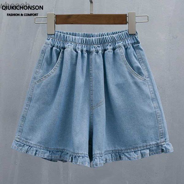 Women's Shorts Qiukichonson 5XL Pantalones cortos de mezclilla de gran tamaño para mujer, cintura elástica de verano, linda chica suave con volantes, pierna ancha, pantalones vaqueros sueltos, pantalones cortos de cintura alta YQ240108