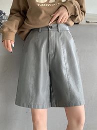 Dames shorts Qoerlin Elastische taille Bermuda Casual High Pu Leather Short Spring herfst losse zakken brede been half QN5135 230317