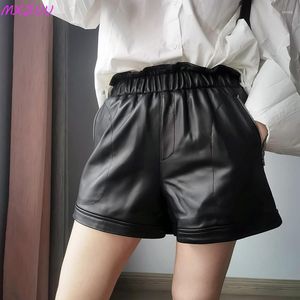 Shorts pour femmes en cuir véritable pantalon à jambes larges femmes en peau de mouton élégant Chic taille élastique poche à fermeture éclair haute noir Streetwear européen