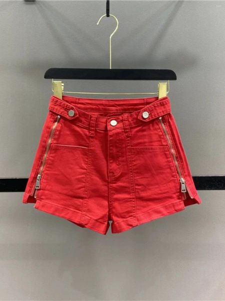 Short En Denim Rouge Pour Femme 2024 Printemps/Été Fermeture Éclair Fendue Jeans Décontractés Taille Haute A-ligne Pantalon à Jambes Larges Mode Streetwear