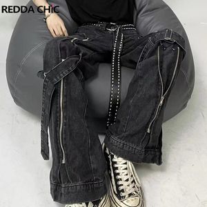 Shorts pour femmes ReddaChic Acubi Fashion Pants Black Women Baggy Jeans with Slits Zipper 2-Strip Cyber Y2k Grunge Goth Harajuku Emo Street Style 230425