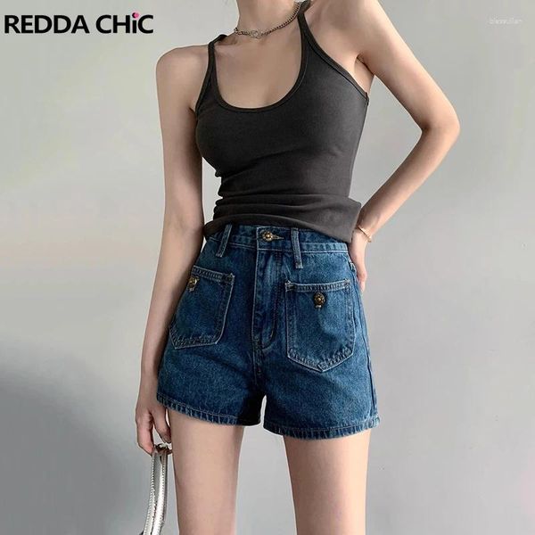 Short féminin redddachic plain hauteur taille large jambe denim femme vintage blue bouton décor poches jeans pantalons courts vêtements d'été coréens