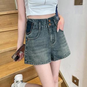 Short féminin rétro bleu A-line large jambe denim américaine jeune fille Capris Summer Femme haute taille jeans