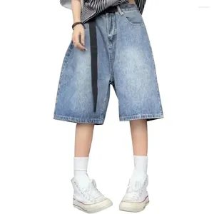Short féminin rétro femmes denim avec ceinture large jambe droite lâche longue longueur hip hop hauteur taille gradient de couleur jeans