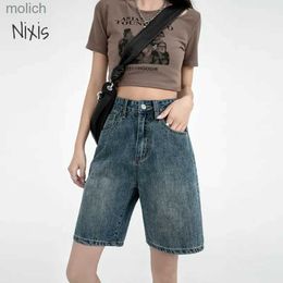 Shorts pour femmes shorts denim rétro pour femmes 2023 Été haute taille pantalon cinq points lâches droite A-line demi-pantalon coréen vêtements wx