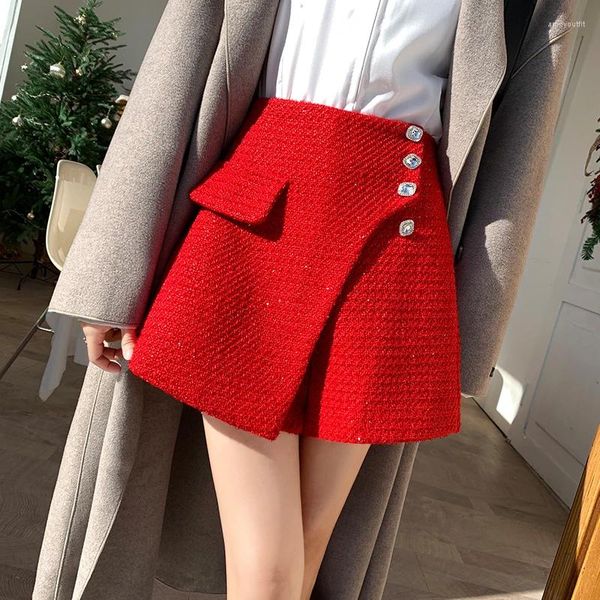 Shorts pour femme strass boutons Tweed jupe taille haute coréen fente irrégulière femme hiver laine Skorts Mujer année vêtements