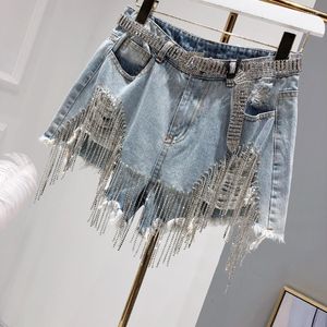 Dames shorts Rhinestone Tassel High Taille A-Line denim vrouwen zomer zware industrie mode wide been jeans