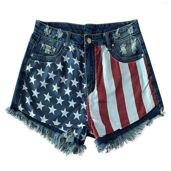 Les shorts pour femmes ont déchiré le drapeau américain imprimé en denim haut taille fraude hémorralitaire jeans décontractés pour femmes coulant avec du spandex