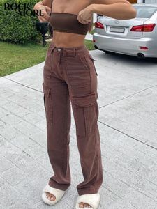 Pantalones cortos para mujer Rockmore Brown Vintage Baggy Jeans Mujeres 90s Streetwear Bolsillos Pierna ancha Pantalones cargo Pantalones de mezclilla rectos de cintura baja 230425