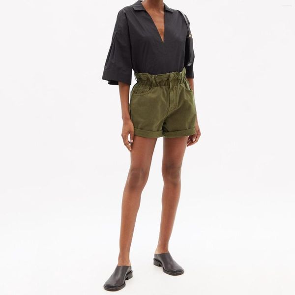 Shorts pour femmes, Design à volants, élastique, taille haute, tempérament, loisirs, jambes larges, pantalon en coton, vert armée, automne 2023