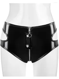 Shorts pour femmes S-3xl Hollow Out Shiny Faux Pu Leather Zipper Open d'entrejambe Bermudas Wet Look PVC Trunks Sexy Clubwear Bikini Tanga