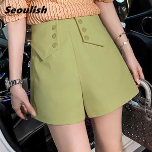 Pantalones cortos de mujer Seoulish 2021 nuevo verano botón Formal cintura alta Chic pierna ancha mujer sólido elegante traje pantalones bolsillo Y2302