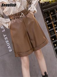 Shorts voor dames seoulish faux pu leer met riem 2024 herfst winter hoge taille elegante losse wide been broek zakken zakken