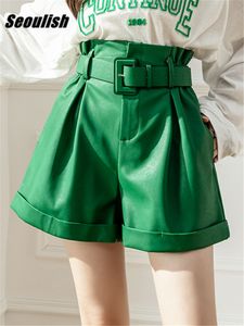 Shorts pour femme Séoulish vert PU Faxu cuir Shorts pour femme avec ceinture nouveau automne hiver pantalon à jambes larges élégant femme bureau pantalon 230420