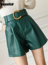 Shorts voor dames Seoulish Green Pu leer met stijlvolle pocket elegante casual broek vrouwelijke herfst winter 230510
