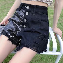 Dames shorts pailletten Burr Edge Blue Denim Super Short Summer Girl Street Casual Cargo Vintage Aline Hip Female 230222