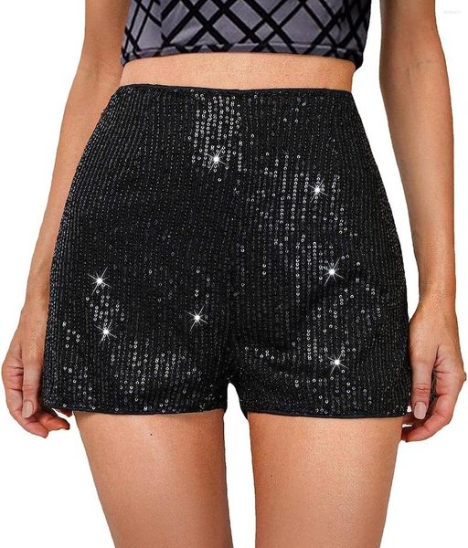 Femme Short Paillette Pour Femme Taille haute Elastique Scintillant Jambe Droite Court Paillettes Scintillantes Pantalon Couleur Pleine Soirée Noir