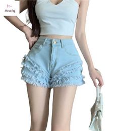 Shorts voor dames sexy hoge taille denim shorts zomer nieuwe Koreaanse mode multi-layer tassel schuurlicht kleur dames broek y240420