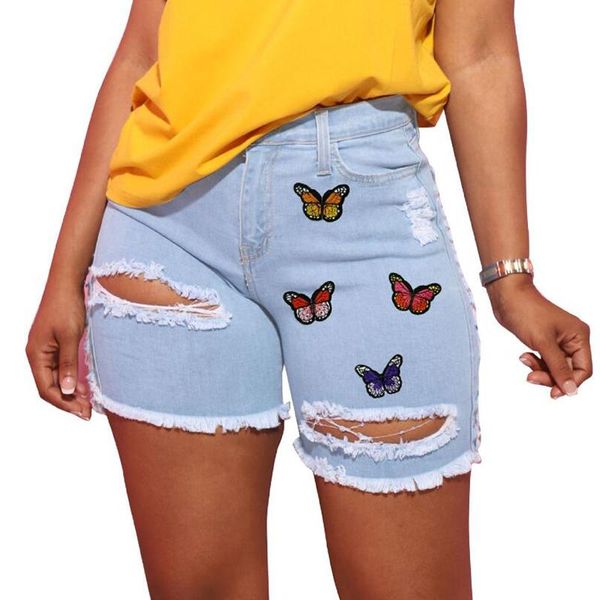 Pantalones cortos de mujer Sexy ahuecados azul rasgado Jean mujer verano 2021 moda cintura alta borla mariposa mujer talla grande Denim Short