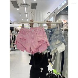 Short féminin sexy rose bleu denim femmes été 2024 trou en vrac burr un pantalon à jambes larges y2k jeans féminino