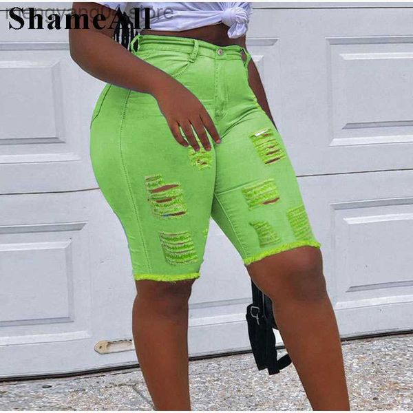 Pantalones cortos de mujer Pantalones vaqueros pitillo rasgados sexy Pantalones cortos Agujeros destruidos fluorescentes Leggings elásticos Pantalones cortos Bermudas de mezclilla Jeggings rasgados holgados T230603