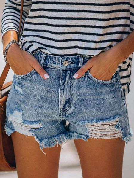 Pantalones cortos de mujer sexy rasgón listón jean con bolsillos para mujeres de la cintura alta del verano lavado del agujero azul angustiado