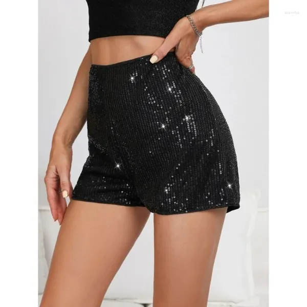 Short féminin Sequins brillants Femmes 2024 Été haute taille large jambe noire fashion fashion mince zipper nightclub fête