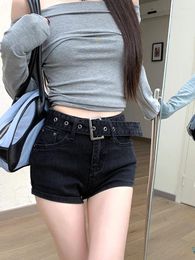 Short féminin Slegiri Y2k Sexy Black Denim avec Belt Streetwear Femmes à taille haute 2024 Summer Slim Fit Jean