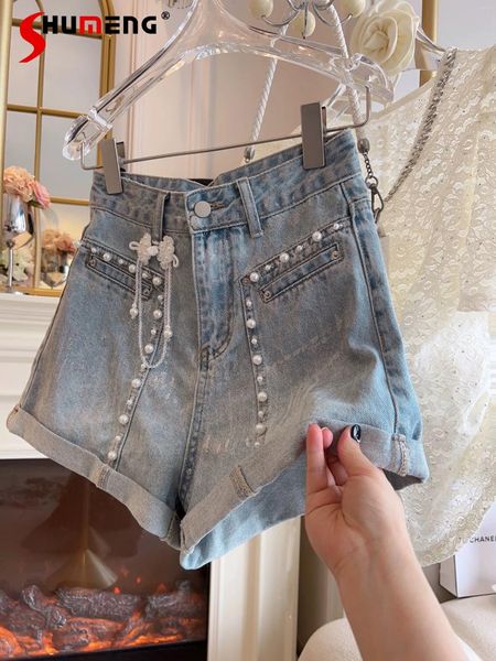 Short féminin jeans minces femmes 2024 Fashion d'été Diamond haute taille minceur féminin élégant beau pantalon de jambe large
