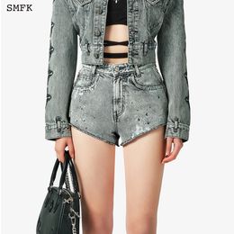 Damen-Shorts SMFK Compass mit geradem Bein, graue handbemalte Jeansshorts mit Stickerei, verwaschener Tinte und geradem Bein, Sommerhose 230515