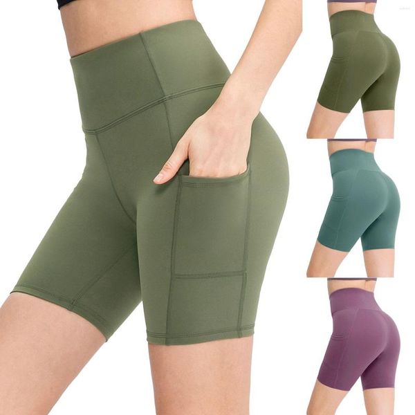 Damen-Shorts, einfarbig, Doppel-Yoga-Baumwolle, locker, mit Taschen für Damen-Kompression