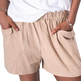 Shorts Pour Femme Couleur Unie D'été Décontracté Poches En Lin Élastique Taille Haute Mode Pantalon Court À Jambes Larges D30