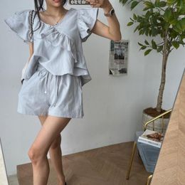 Short femme corée du sud Dongdaemun Chic doux tempérament rétro à volants couture col en v chemise décontracté deux pièces costume