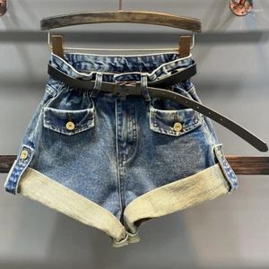 Pantalones cortos para mujer Primavera 2023 Moda Denim rizado Mujeres Cintura alta Pierna ancha