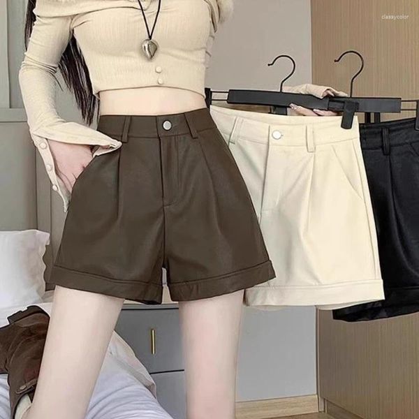 Shorts pour femmes printemps et automne vêtements d'extérieur polyvalents en cuir PU ample pour femmes 2024 fille sexy mince décontracté a-ligne pantalon à jambes larges