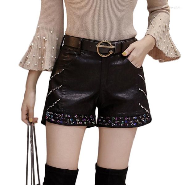 Shorts pour femmes printemps été en cuir Pu grande taille femmes paillettes perlées taille haute pantalon porter des bottes à jambes larges