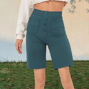 Pantalones cortos de mujer con la pierna recta de la cintura alta abotonada con múltiples bolsillos longitud de rodilla versátil para el trabajo todos los días