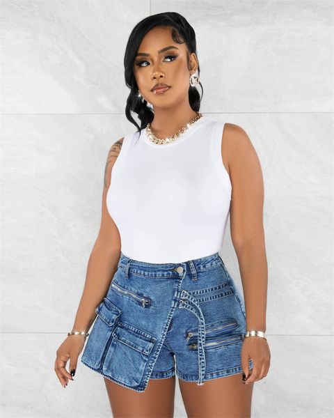 Shorts pour femmes Stretch Denim Cargo Femmes Été Ruban Fermetures à glissière Multi Poches Bouton Fly Taille Haute Slim Jeans Pantalon Mode Streetwear 230419