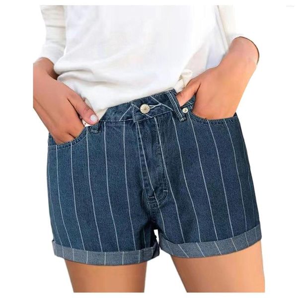 Shorts pour femmes Stripe Court Femmes Summer Denim Sexy Jeans à revers Taille haute Slim Feminino Pantalones Cortos
