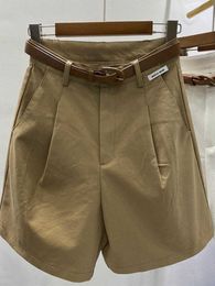 Pantalones cortos de mujer verano 2022 sueltos casuales de algodón con cinturón de color caqui sólido negro rodillas piernas anchas Bermudas pantalones cortos de mujer P230606