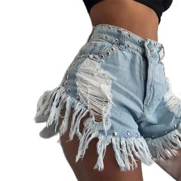 Pantalones cortos de mujeres verano 2024 Fashion euroamerican estilo vintage mujer remache de cintura alta orificio rudo