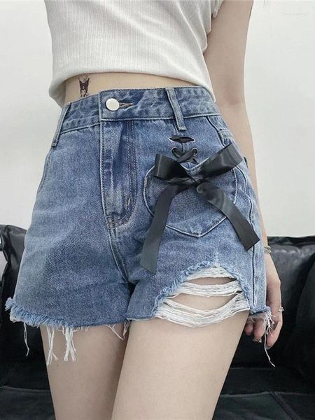 Pantalones cortos para mujer Verano Azul Y2k Elegante Denim Mujeres Arco Vendaje Francés Vintage Jeans Mujer Borla Agujero Japonés Pantalones Casuales 2023