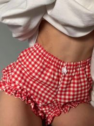 Pantalones cortos para mujeres pijama casual de verano con banda elástica y bordes con volantes/cuadro/color sólido/pato estampado pequeño arco pequeño