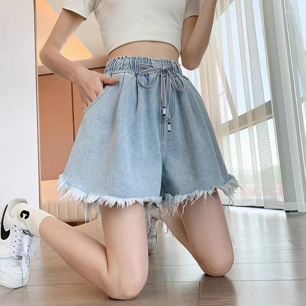 Shorts pour femmes été élastique taille haute denim femmes style coréen mode jambe large couleur unie lâche mince polyvalent pantalon court femme