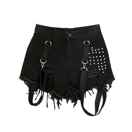 Vrouwen Shorts Zomer Mode Zwarte Punk Hoge Taille Kwastje Riem Klinknagel Denim Broekpakken Vrouwelijke Gothic Korte Jeans Mujer 230505